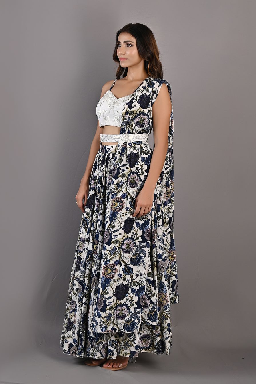 Embelia - Printed Embroidered Lehenga Set With Belt-3