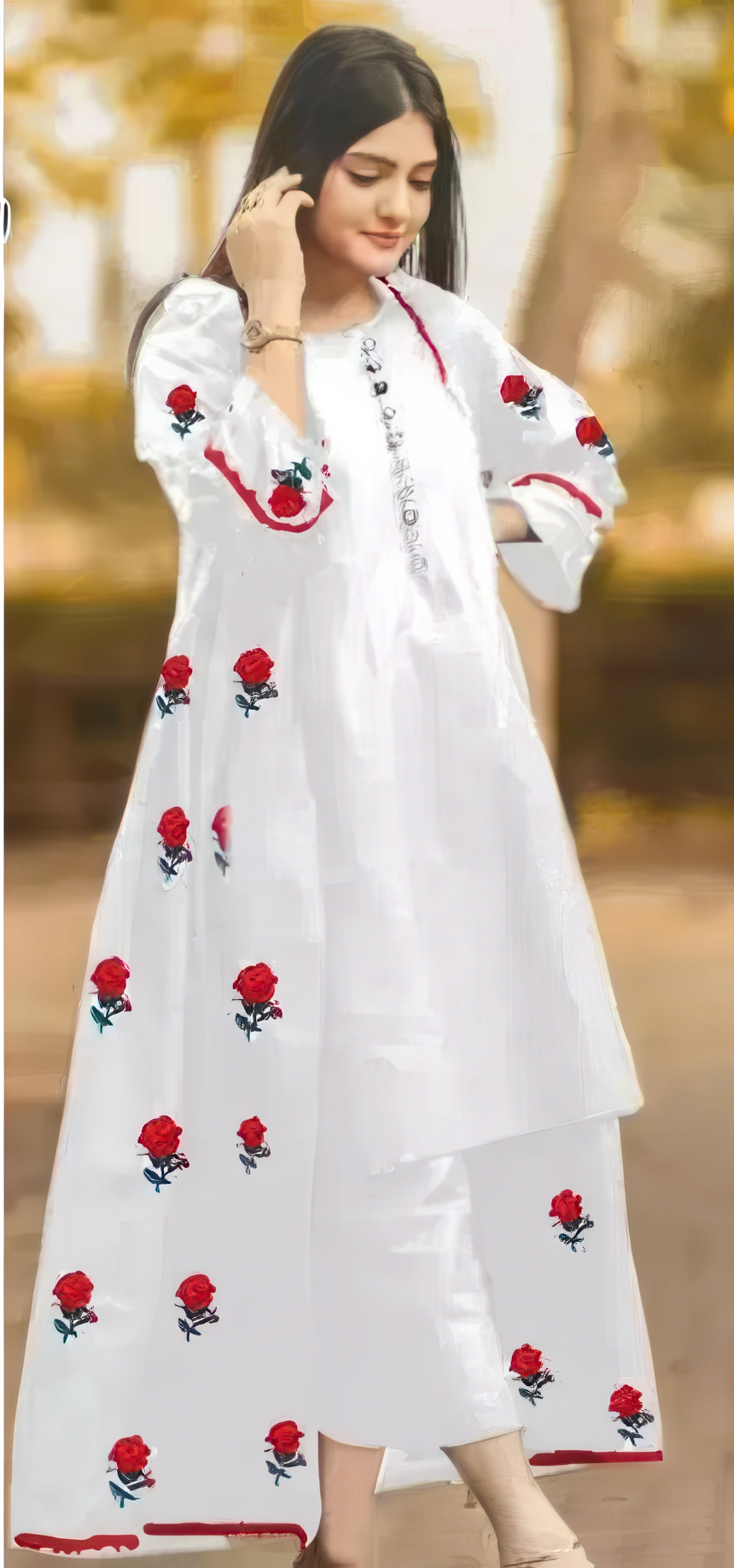 3 Pcs Women's Stitched Katan Silk Embroidered Gown Suit