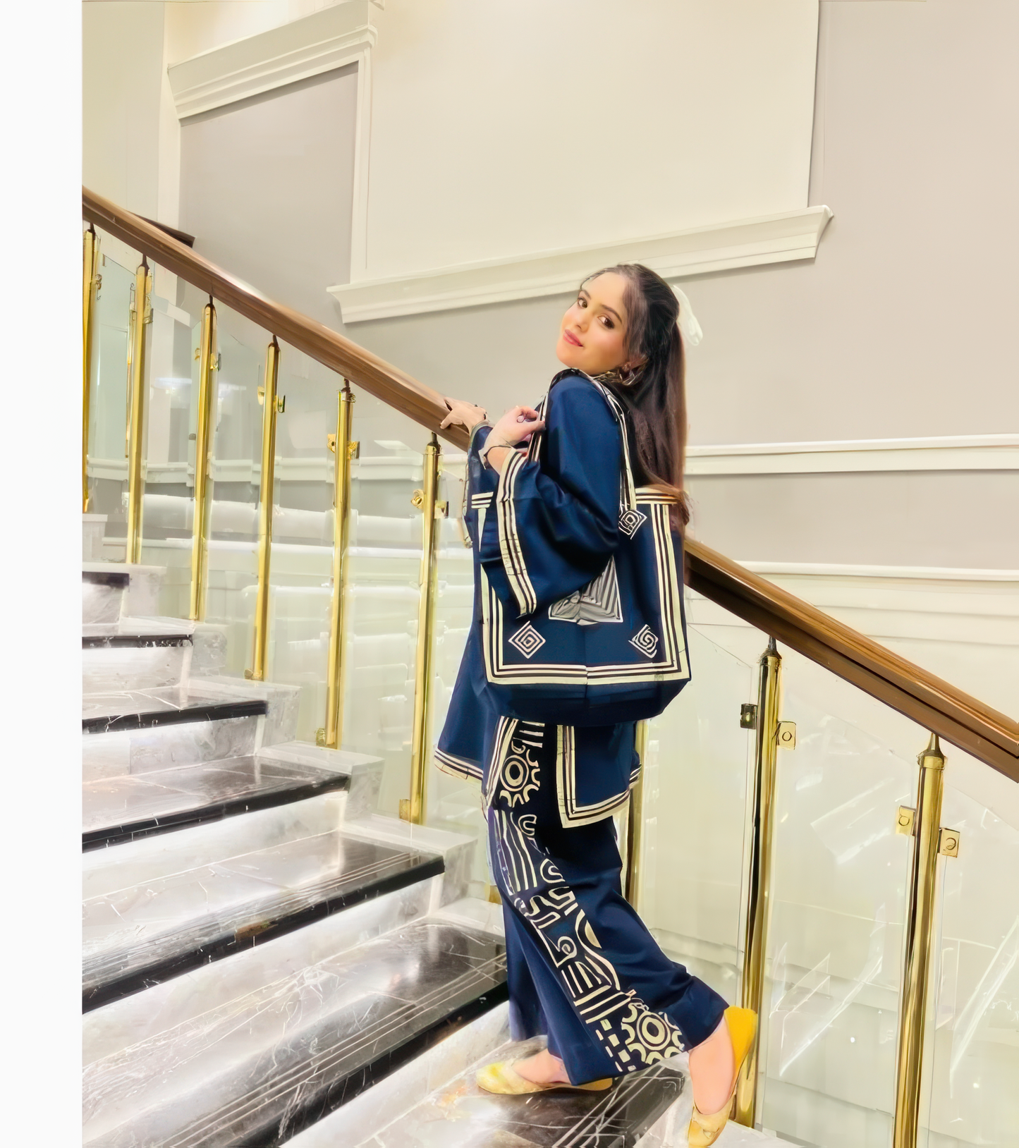 2 Pcs Women's Stitched Linen Printed Shirt And Trouser With Bag