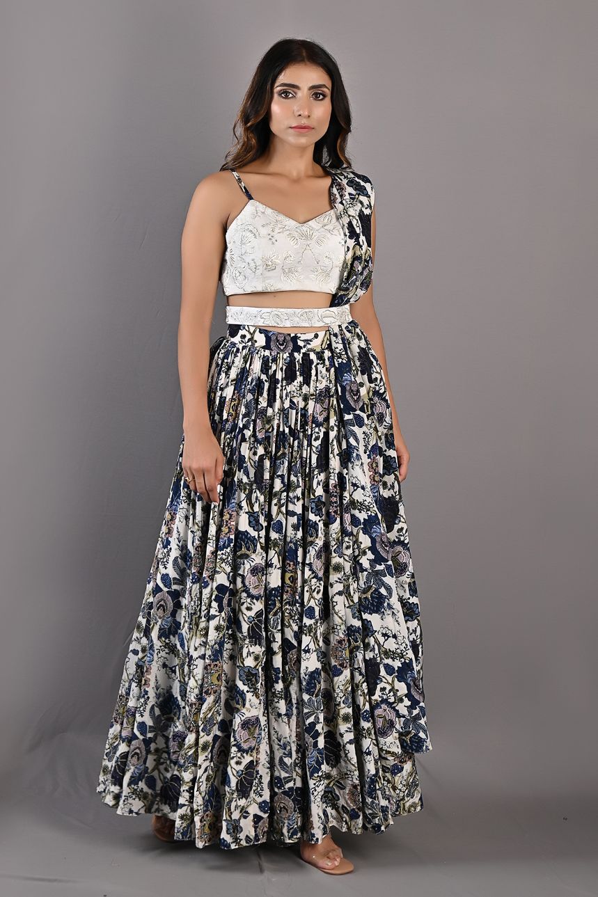Embelia - Printed Embroidered Lehenga Set With Belt-2