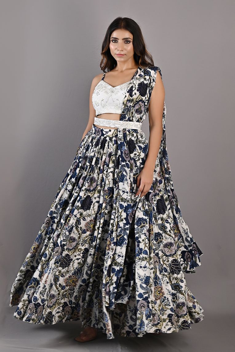 Embelia - Printed Embroidered Lehenga Set With Belt-1
