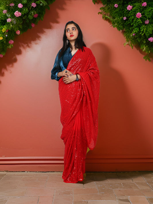 Designer Saree with Sequin & Thread Work by Shreekama-0
