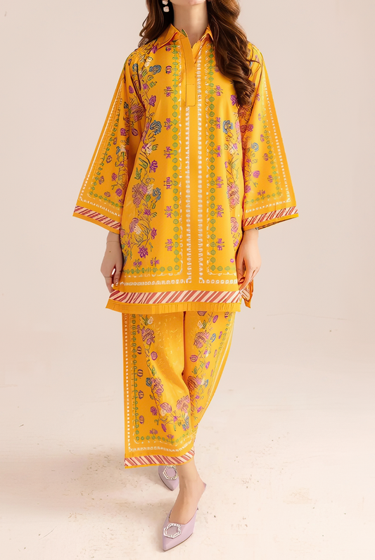 Stylish Printed V-Neck Shirt and Plain Trouser Set - 2 Pcs for Women