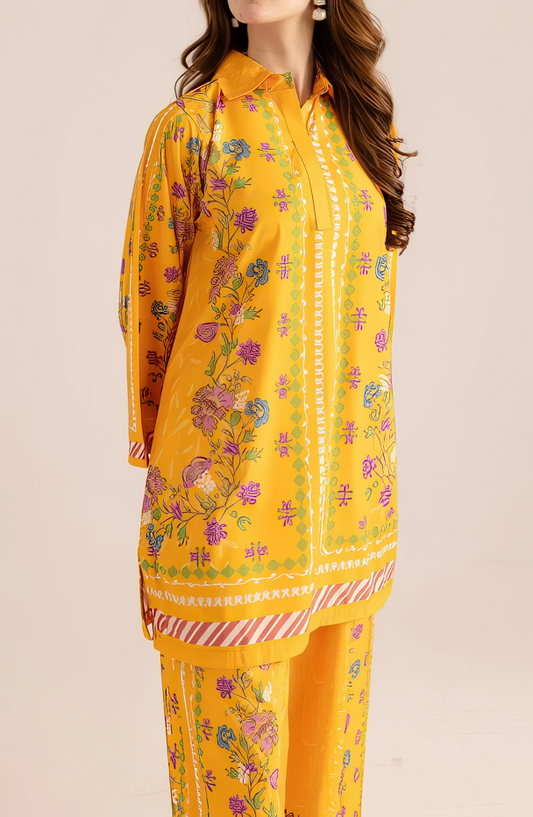 Stylish Printed V-Neck Shirt and Plain Trouser Set - 2 Pcs for Women