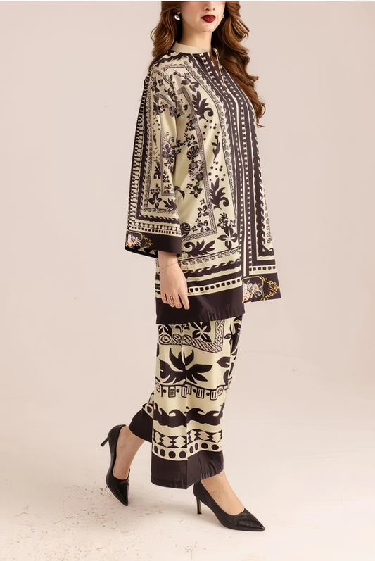 Stylish Printed V-Neck Shirt and Plain Trouser Set - 2 Pcs for Women