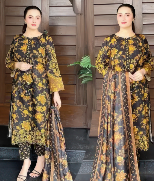 3 Pcs Women's Stitched Printed Suit