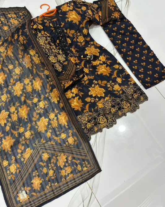 3 Pcs Women's Stitched Printed Suit