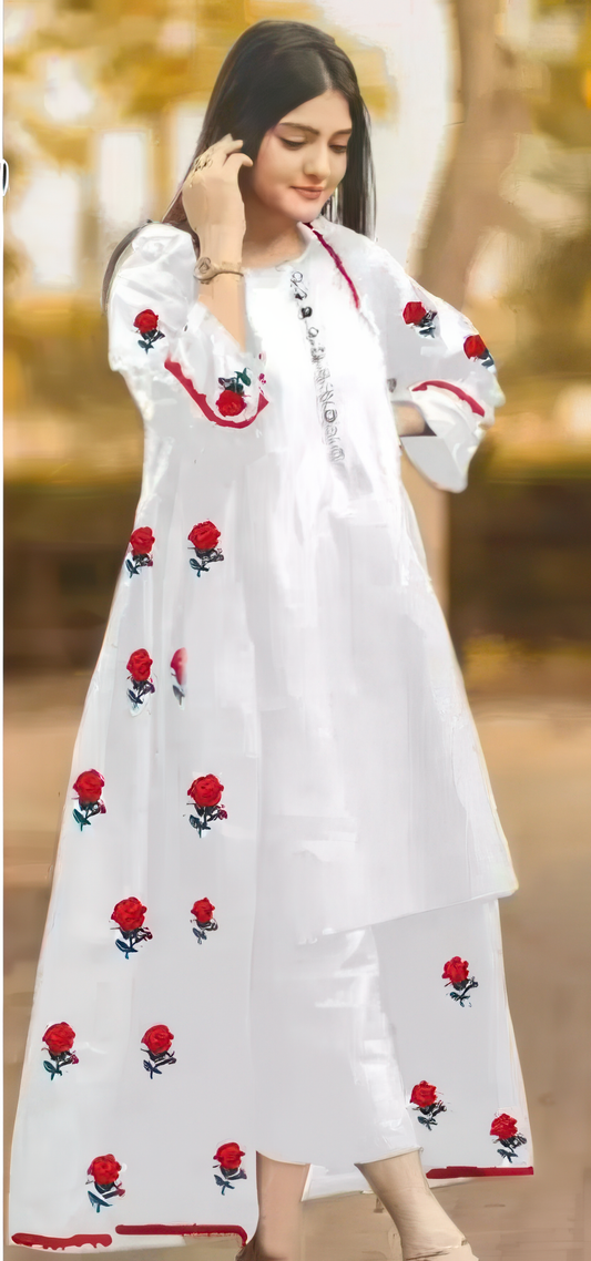 3 Pcs Women's Stitched Katan Silk Embroidered Gown Suit