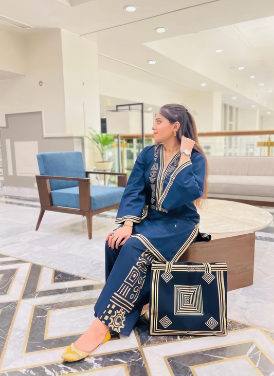 2 Pcs Women's Stitched Linen Printed Shirt And Trouser With Bag