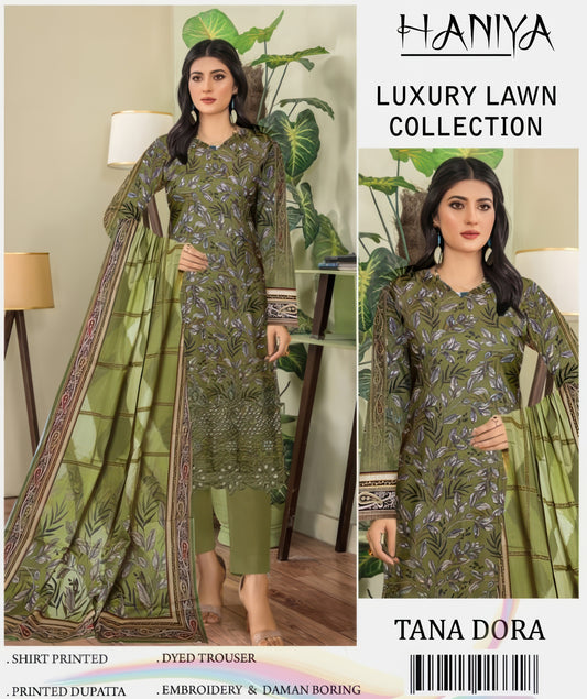 ✨ Haniya ✨ 3 Piece Digital Printed Doriya Shirt With Front Shifli Boring Daman Chickenkari/unstitched Suit New Collection For Womens