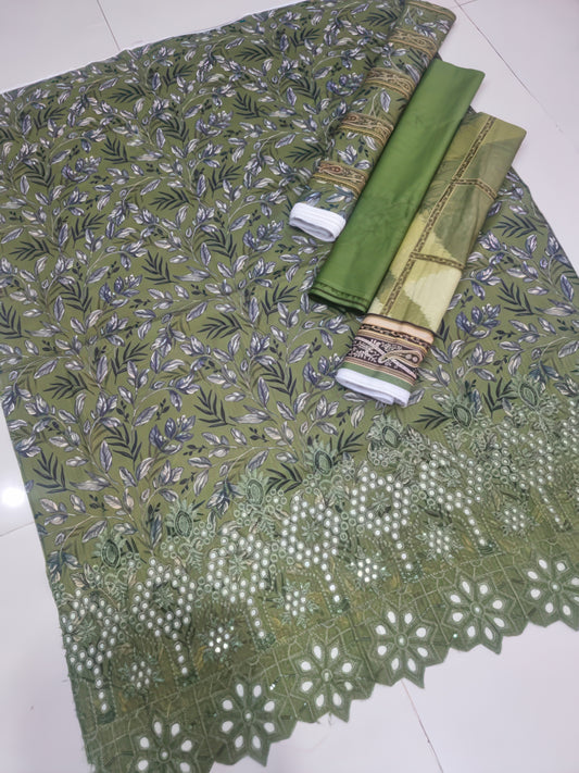 ✨ Haniya ✨ 3 Piece Digital Printed Doriya Shirt With Front Shifli Boring Daman Chickenkari/unstitched Suit New Collection For Womens