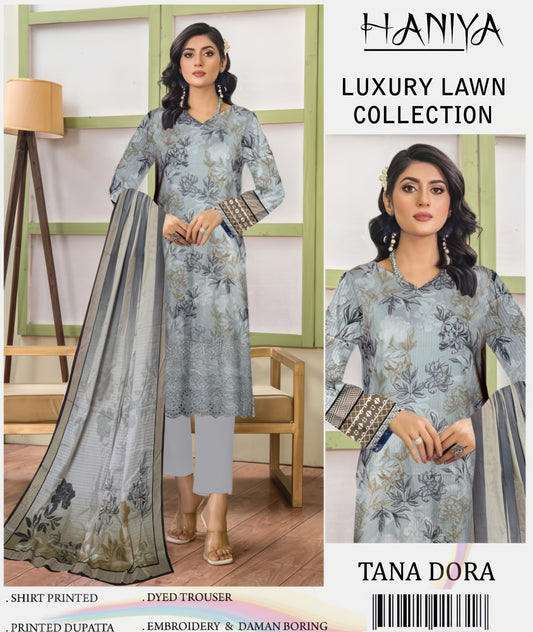 ✨ Haniya ✨ 3 Piece Digital Printed Doriya Shirt With Front Shifli Boring Daman Chickenkari/unstitched Suit New Collection For Womens