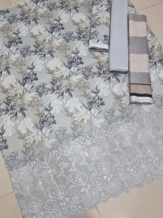 ✨ Haniya ✨ 3 Piece Digital Printed Doriya Shirt With Front Shifli Boring Daman Chickenkari/unstitched Suit New Collection For Womens