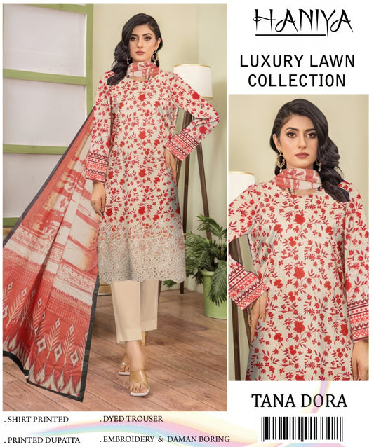 ✨ Haniya ✨ 3 Piece Digital Printed Doriya Shirt With Front Shifli Boring Daman Chickenkari/unstitched Suit New Collection For Womens