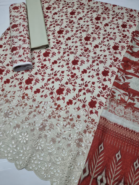 ✨ Haniya ✨ 3 Piece Digital Printed Doriya Shirt With Front Shifli Boring Daman Chickenkari/unstitched Suit New Collection For Womens